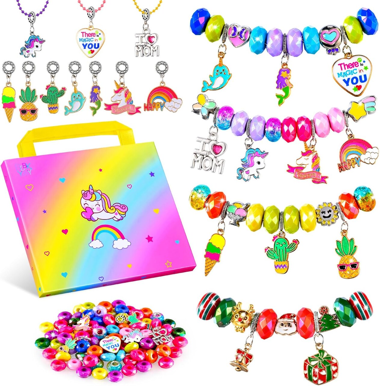 Girls Charm Bracelet Making Kit - Kids Unicorn Jewelry Supplies Make Set DIY Art Craft Set Birthday Gifts for 3 4 5 6 7 8 Year Old Girl Toys Age 6-8